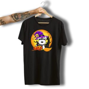 Schnauzer Witch With Pumpkin Broom Halloween Scene T-Shirt