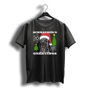 Schnauzer'S Greetings Santa Hat Christmas Trees Snowflakes T-Shirt