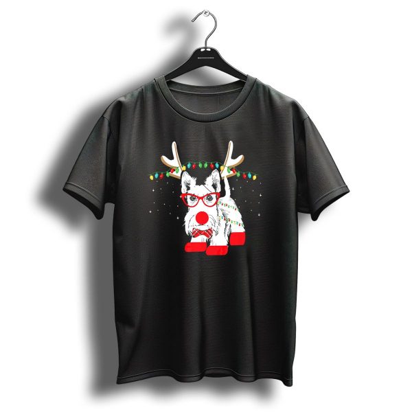 Scottie Dog Christmas Reindeer Lights And Bow Tie T Shirt 1 t shirt 1