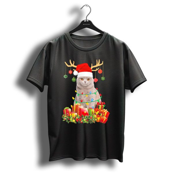 Scottish Fold Cat With Santa Hat And Reindeer Antlers Surrounded By Christmas Gifts And Lights T Shirt 1 t shirt 1