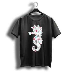 Seahorse Christmas Pattern With Reindeer Snowflakes And Skiing Santa T Shirt