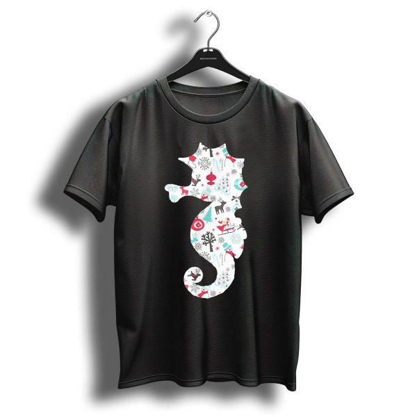 Seahorse Christmas Pattern With Reindeer Snowflakes And Skiing Santa T Shirt 1 t shirt 1