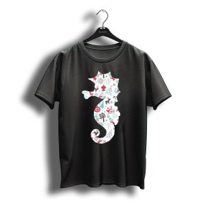 Seahorse Christmas Pattern With Reindeer Snowflakes And Skiing Santa T-Shirt