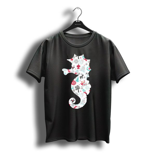 Seahorse Christmas Pattern With Reindeer Snowflakes And Skiing Santa T Shirt t shirt 1