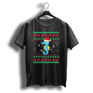Seahorse Christmas Santa Hat Snowflakes Reindeer Trees T Shirt