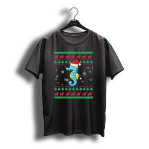Seahorse Christmas Santa Hat Snowflakes Reindeer Trees T-Shirt