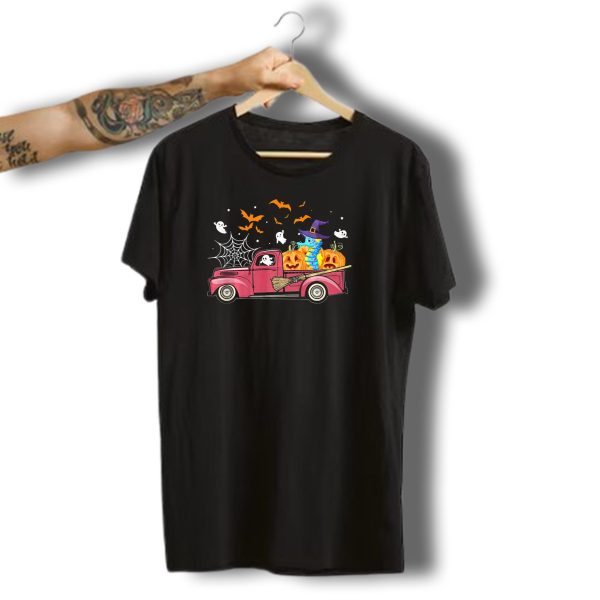 Seahorse In Witch Hat On Red Truck With Pumpkins And Ghosts Halloween Scene T Shirt t shirt 1