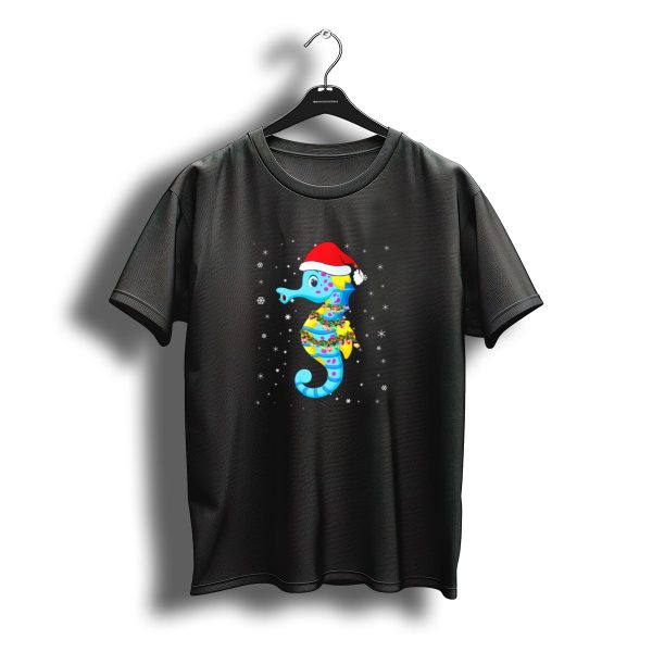 Seahorse Light Christmas Santa Hat Holiday Snowflakes T Shirt t shirt 1