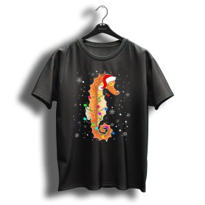 Seahorse Wrapped In Christmas Lights With Santa Hat And Snowflakes T Shirt
