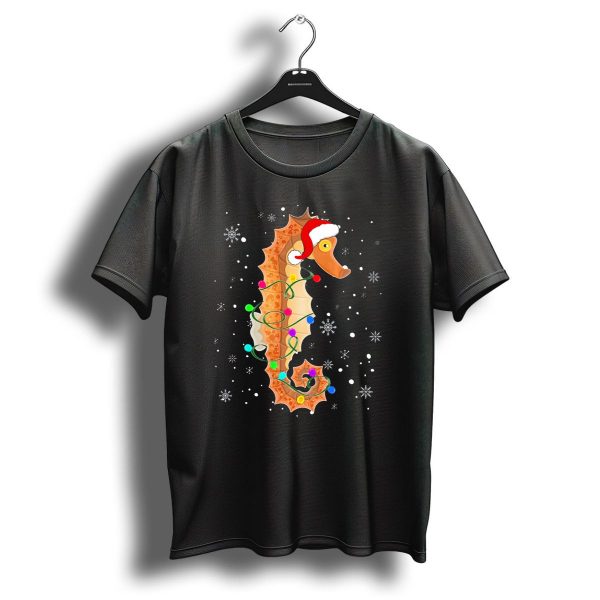 Seahorse Wrapped In Christmas Lights With Santa Hat And Snowflakes T Shirt 1 t shirt 1