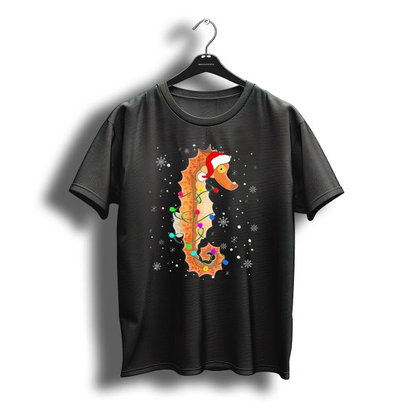 Seahorse Wrapped In Christmas Lights With Santa Hat And Snowflakes T Shirt t shirt 1