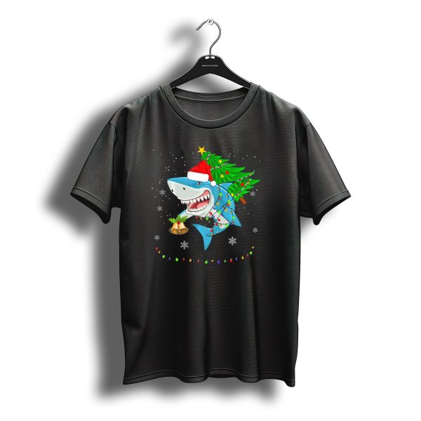 Shark Christmas Tree Santa Hat Holiday Lights Snowflakes T Shirt t shirt 1