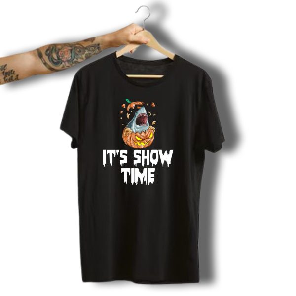 Shark Pumpkin Its Show Time Halloween Humor T Shirt t shirt 1