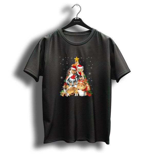 Sheltie Christmas Tree Xmas With Santa Hats And Presents T Shirt 1 t shirt 1