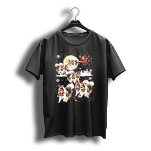 Sheltie Dog Santa Sleigh Snowflake Moon Reindeer Forest Christmas Scene T-Shirt