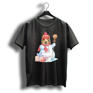 Sheltie Dog Snowman With Christmas Hat And Presents In Snowy Night T-Shirt