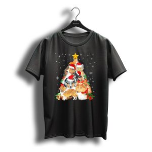Sheltie Dogs In Santa Hats Forming Christmas Tree With Stars And Gifts T-Shirt
