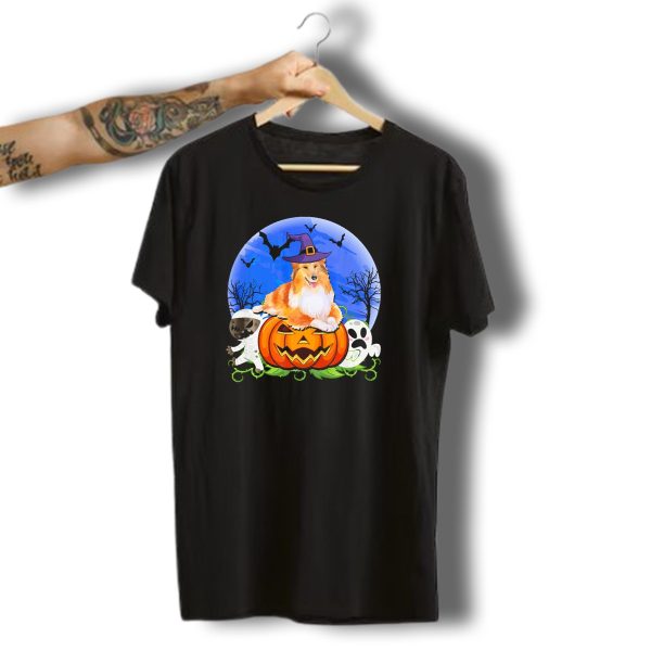 Sheltie Halloween Pumpkin Ghosts Mummy Witch Hat Bats Moon T Shirt t shirt 1