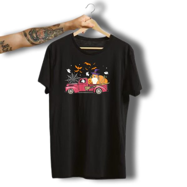 Sheltie Riding Red Truck With Pumpkins And Halloween Ghosts T Shirt t shirt 1