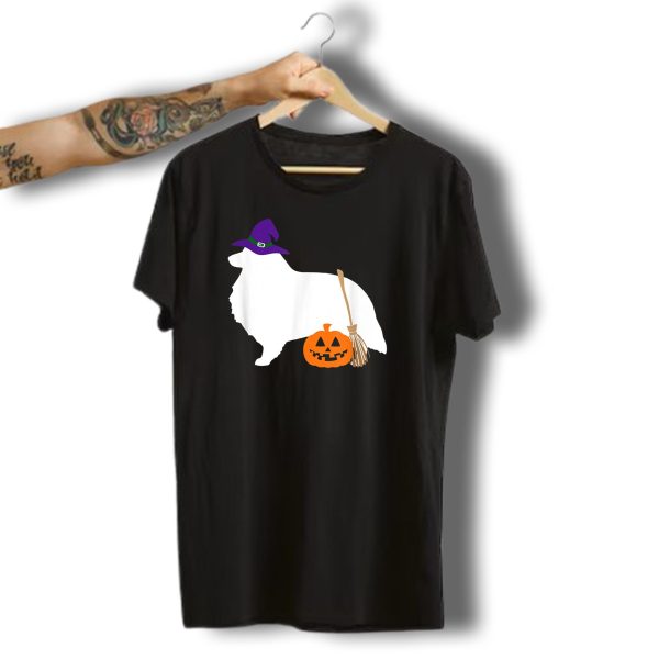 Sheltie Shetland Sheepdog Witch Hat Pumpkin With Broom Halloween T Shirt t shirt 1