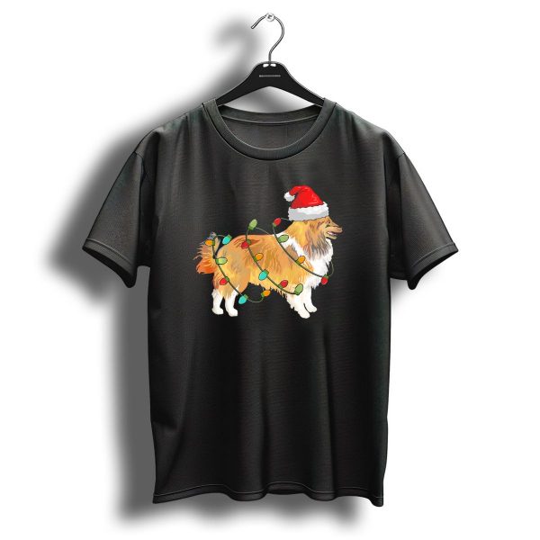 Sheltie Wearing Santa Hat Wrapped In Christmas Lights T Shirt 1 t shirt 1