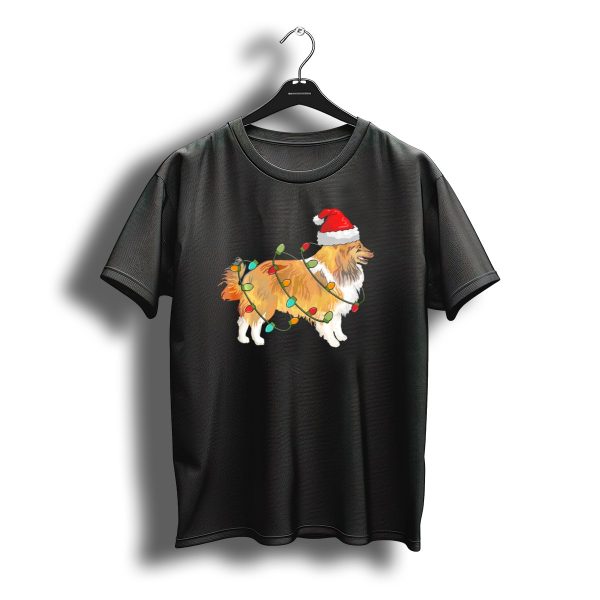 Sheltie Wearing Santa Hat Wrapped In Christmas Lights T Shirt t shirt 1
