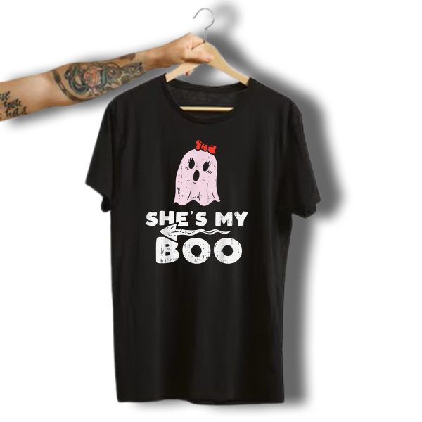 Shes My Boo Cute Matching Couple Halloween Costume Boyfriend Ghost With Bow T Shirt t shirt 1