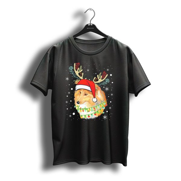 Shetland Sheepdog With Antlers Christmas Lights And Santa Hat T Shirt t shirt 1