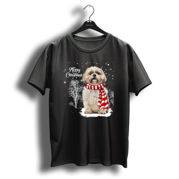 Shih Tzu Christmas Puppy Dog Lover Family Mat With Festive Scarf Snowflakes And Winter Trees T Shirt 1 t shirt 1