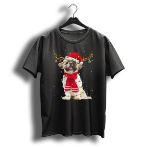 Shih Tzu Christmas Reindeer Antlers Red Scarf Santa Hat Festive Lights T Shirt