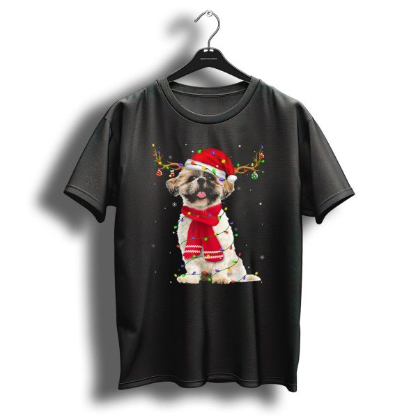 Shih Tzu Christmas Reindeer Antlers Red Scarf Santa Hat Festive Lights T Shirt 1 t shirt 1