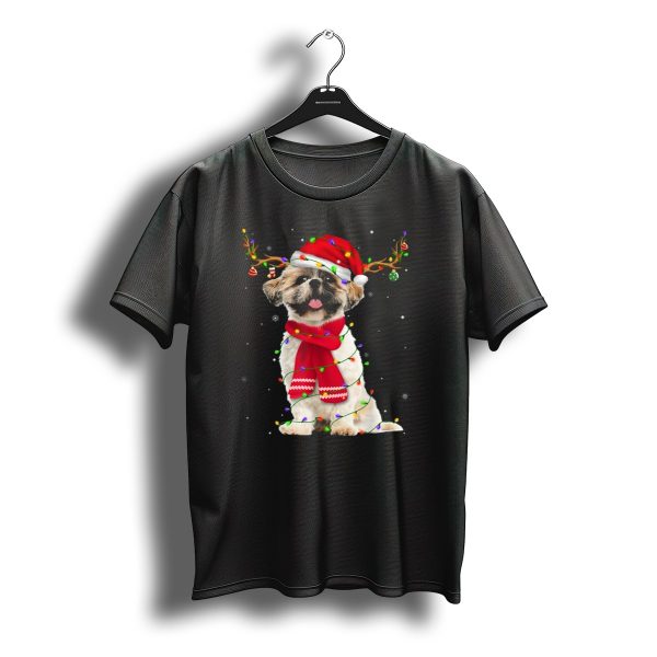 Shih Tzu Christmas Reindeer Antlers Red Scarf Santa Hat Festive Lights T Shirt t shirt 1