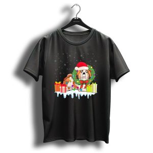 Shih Tzu Christmas Santa Hat Wreath Festive Gifts Snowflakes T Shirt