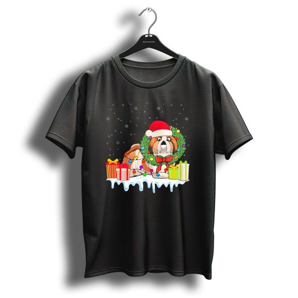 Shih Tzu Christmas Santa Hat Wreath Festive Gifts Snowflakes T Shirt 1 t shirt 1