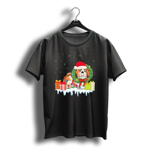 Shih Tzu Christmas Santa Hat Wreath Festive Gifts Snowflakes T Shirt t shirt 1