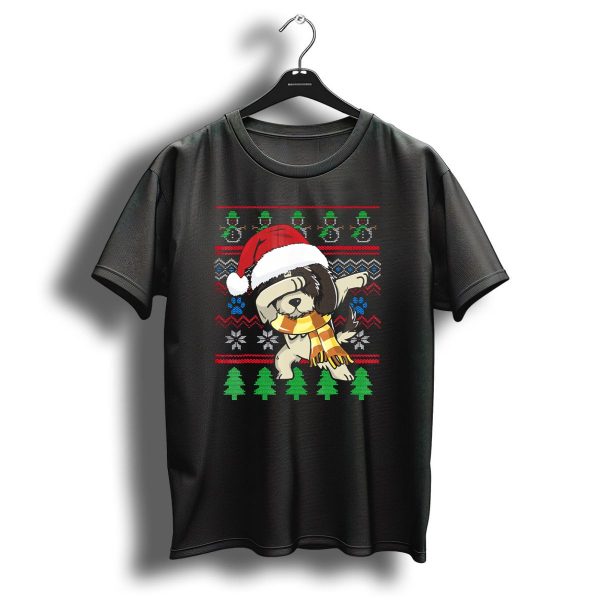 Shih Tzu Dabbing Uglystyle Christmas Santa Hat Scarf Snowflakes Trees T Shirt 1 t shirt 1