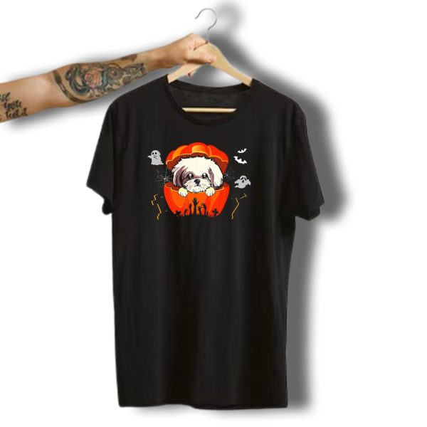 Shih Tzu Dog Inside Pumpkin With Ghosts And Bats Halloween Costum T Shirt t shirt 1
