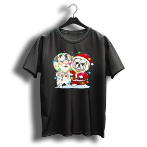 Shih Tzu Duo In Santa Outfit With Christmas Lights T Shirt