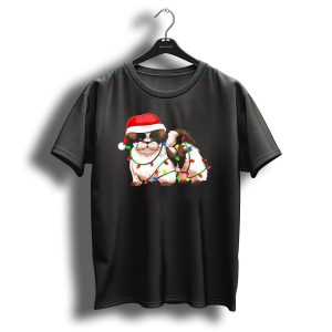 Shih Tzu In Christmas Santa Hat With Holiday Lights T Shirt