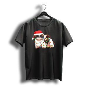 Shih Tzu In Christmas Santa Hat With Holiday Lights T-Shirt