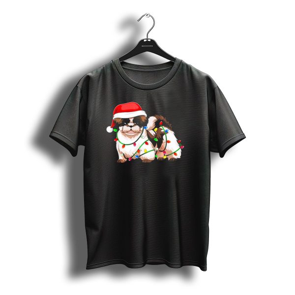 Shih Tzu In Christmas Santa Hat With Holiday Lights T Shirt t shirt 1