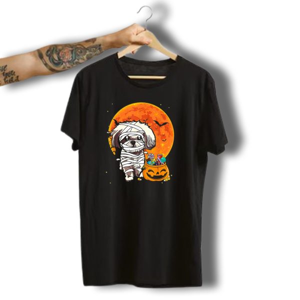 Shih Tzu Mummy Halloween Costume With Pumpkin Candy Bucket And Full Moon T Shirt t shirt 1
