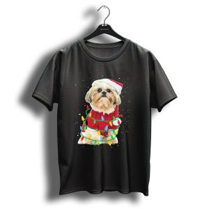 Shih Tzu Santa Wrapped In Festive Christmas Lights T Shirt