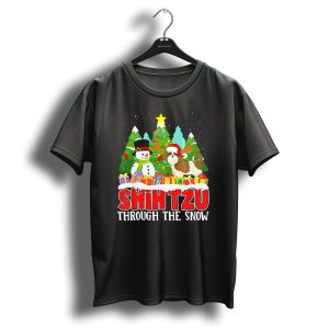 Shih Tzu Through The Snow Christmas Tree Snowman Festive Holiday T Shirt