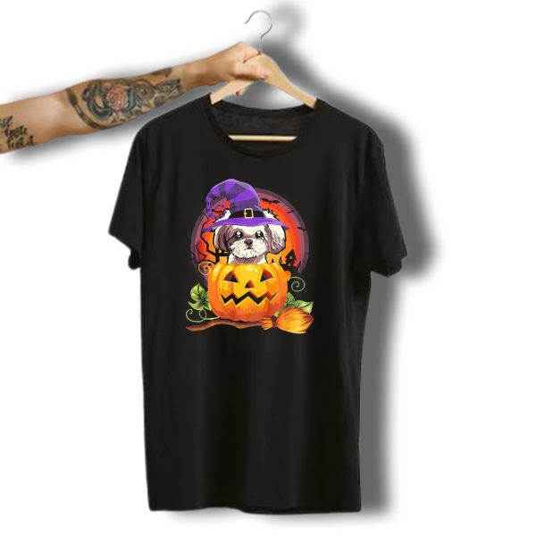 Shih Tzu Witch In Pumpkin With Broomstick Halloween Dog Scene T Shirt t shirt 1