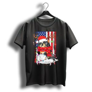 Shih Tzu With Antlers And Santa Hat Christmas Lights Usa Flag Background T Shirt