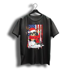 Shih Tzu With Antlers And Santa Hat Christmas Lights Usa Flag Background T-Shirt