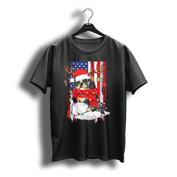 Shih Tzu With Antlers And Santa Hat Christmas Lights Usa Flag Background T Shirt t shirt 1