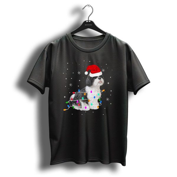 Shih Tzu Wrapped In Christmas Lights With Santa Hat And Snowflakes T Shirt 1 t shirt 1
