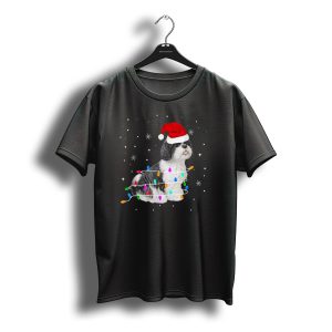 Shih Tzu Wrapped In Christmas Lights With Santa Hat And Snowflakes T-Shirt